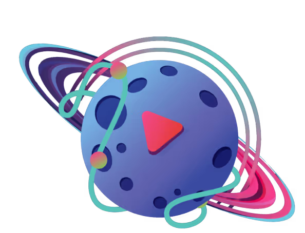 A blue and purple planet with a video play button on it.